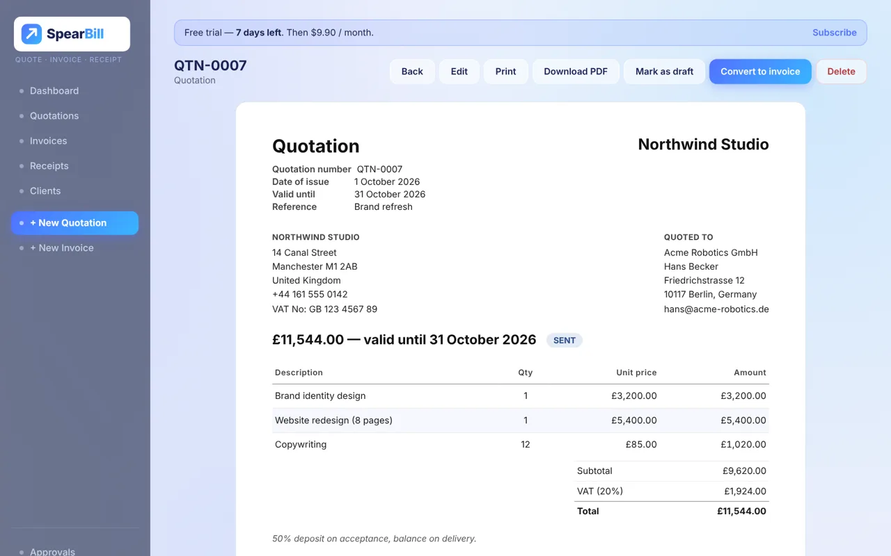 A professional quotation with VAT, ready to download as PDF