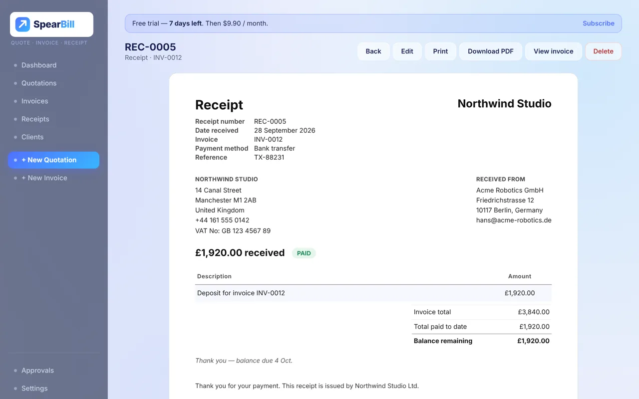A payment receipt showing invoice total, paid to date and balance remaining